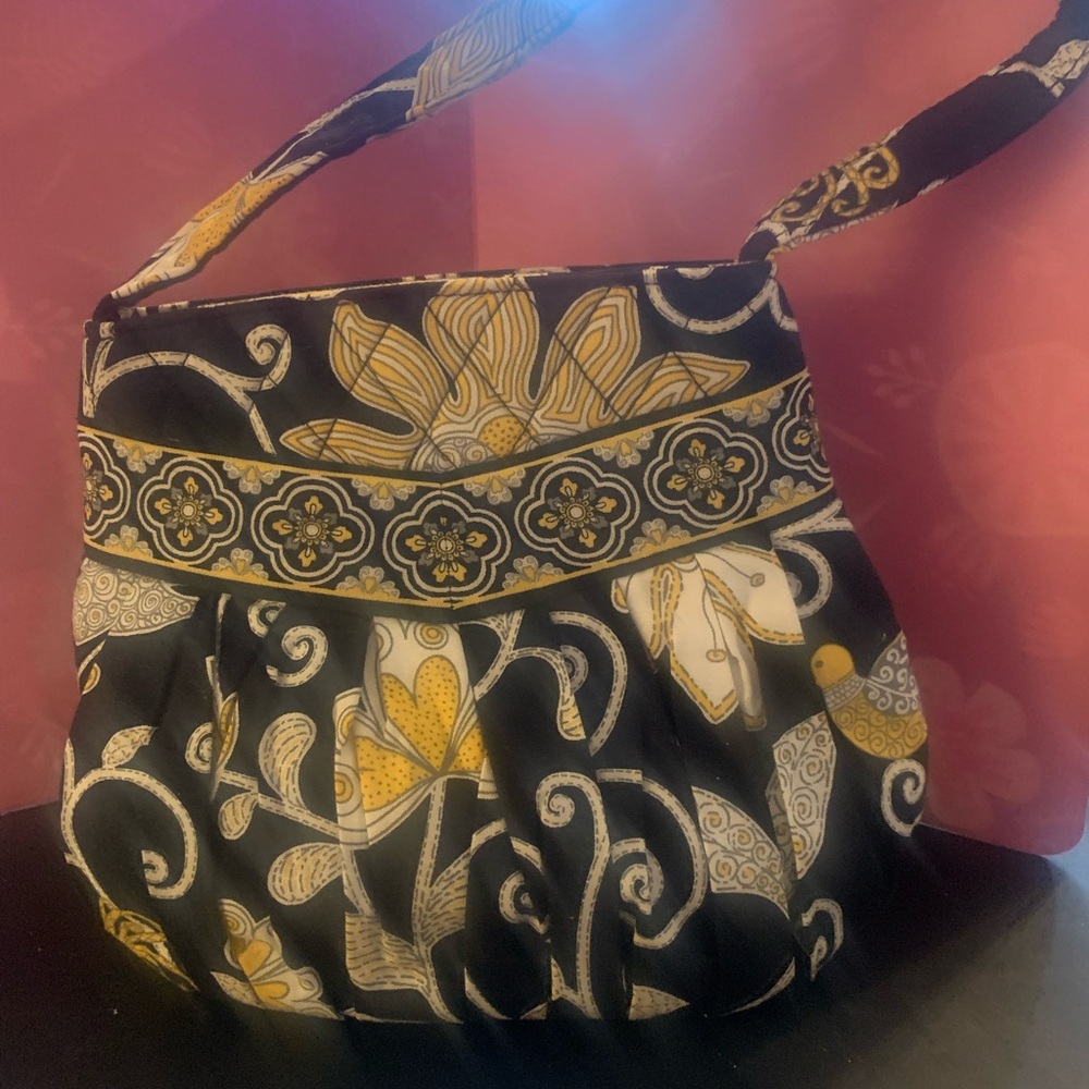Vera Bradley Black and Gold Quilted Shoulder Bag Hannah print